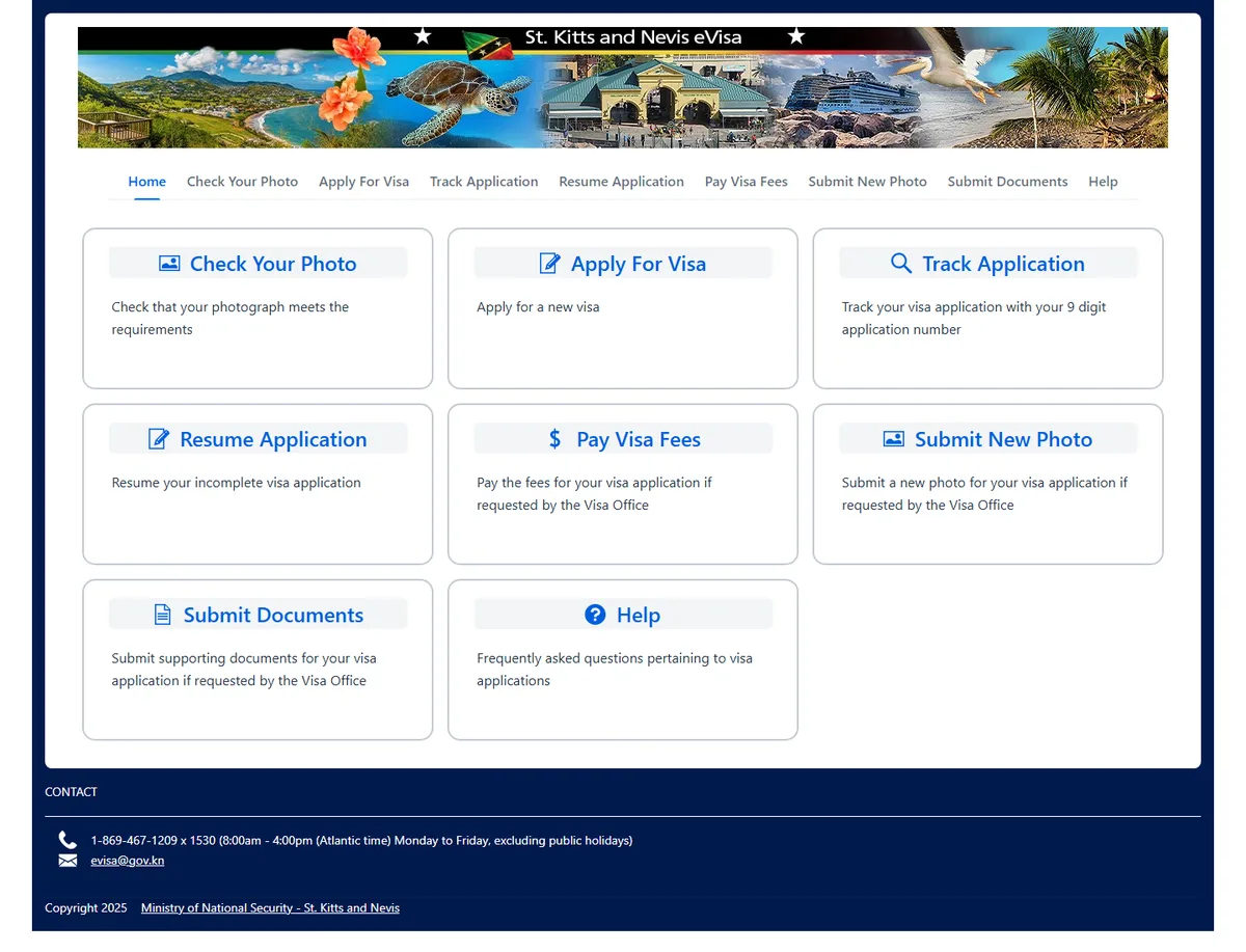 Public St. Kitts and Nevis eVisa homepage with photo checking, application, tracking, payment, and document-submission actions.