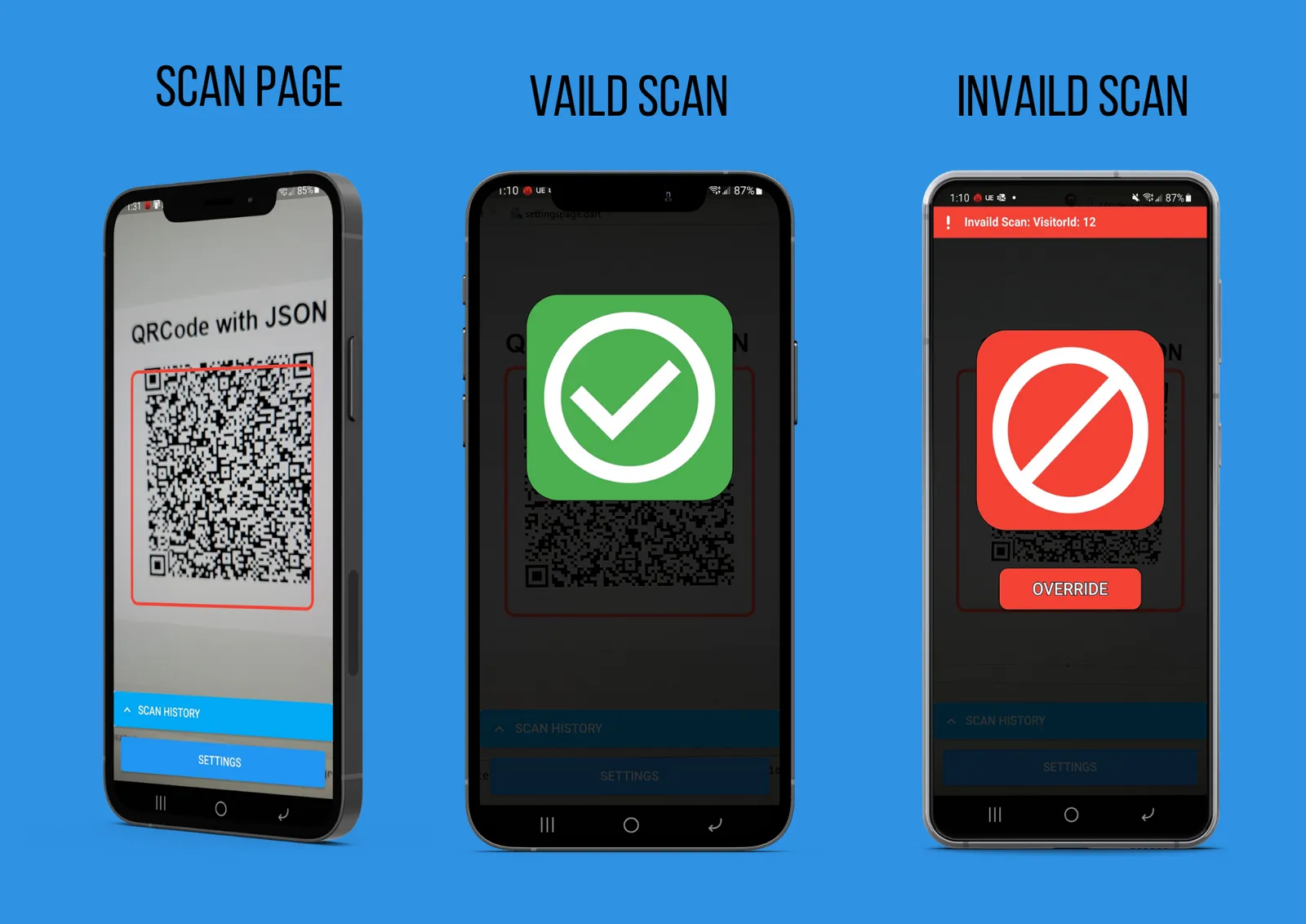 MasjidPass mobile scanner showing scan, valid, and invalid QR states.